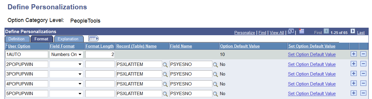 Define Personalizations - Format page