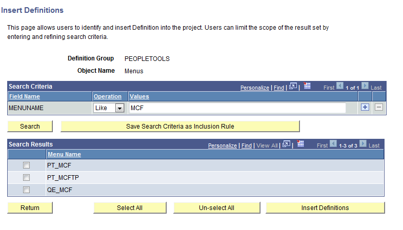 Insert Definitions page with search criteria defined and search results displayed