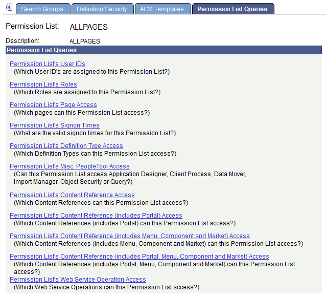 Permission List - Permission List Queries page