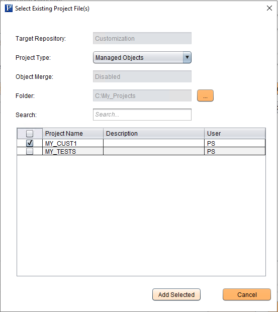 Select Existing Project File(s) page