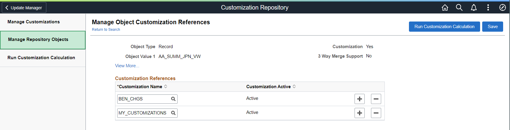 Manage Object Customization References page