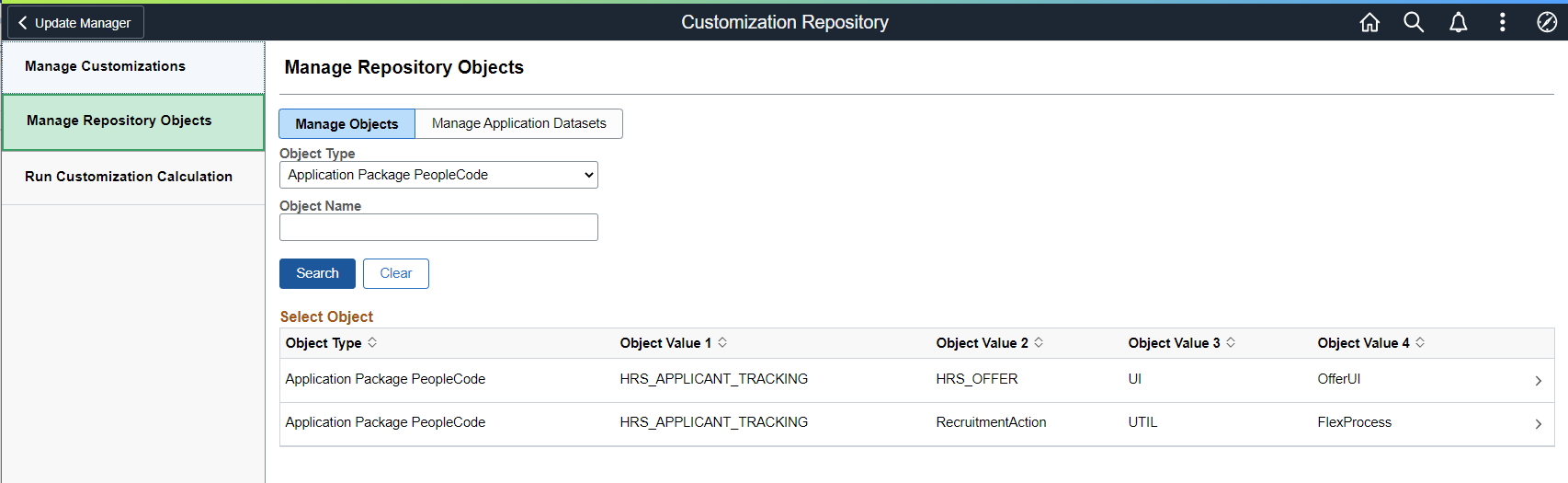 Manage Repository Objects page