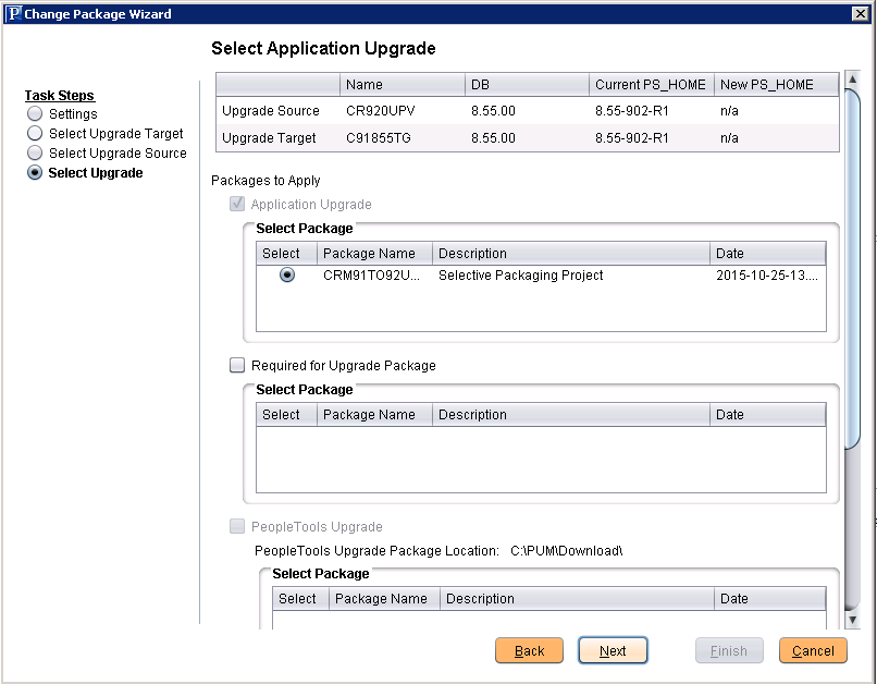 Select Application Upgrade page