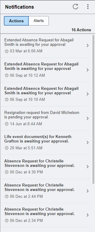 Notifications panel - Actions section