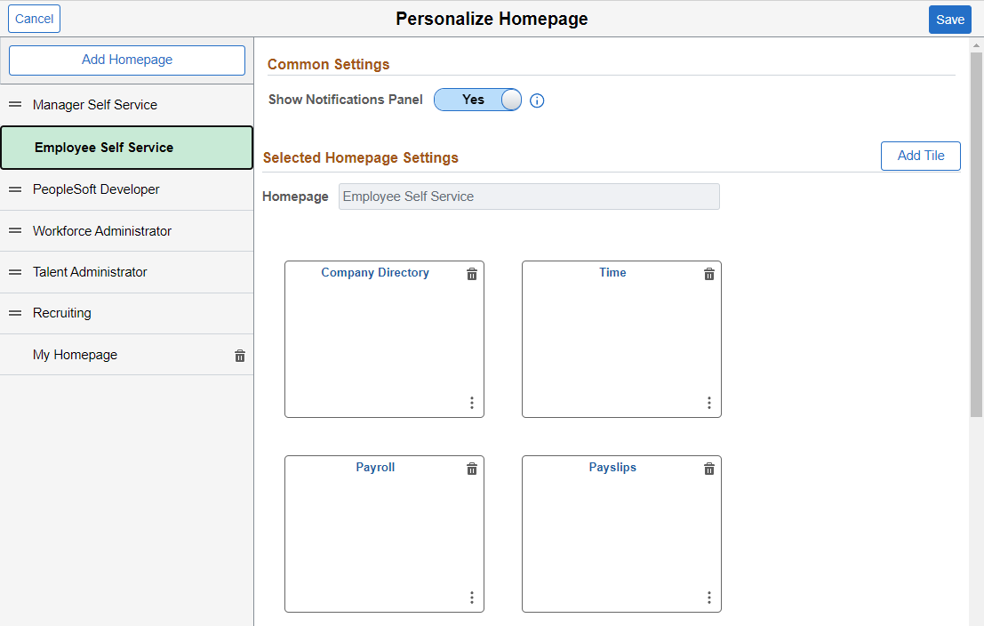 Personalize Homepage page