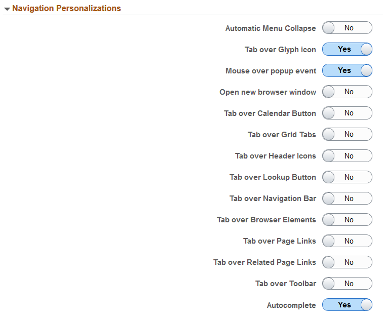 My Preferences - General Settings: Navigation Personalizations