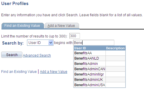 ""Example autocomplete drop-down list showing user profiles that begin with the letters "Bene"