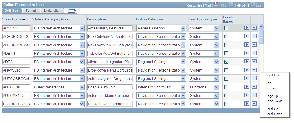 Define Personalizations grid showing scroll bar pop-up menu