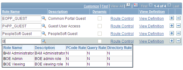 ""Example Role Name field autocomplete list showing role names that begin with the letter "B"