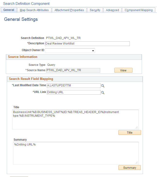 Search Definition-General Settings