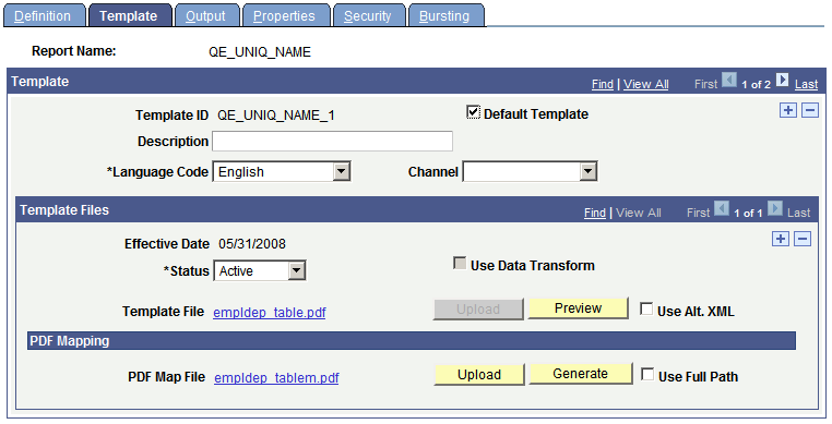 Template page for PDF mapping