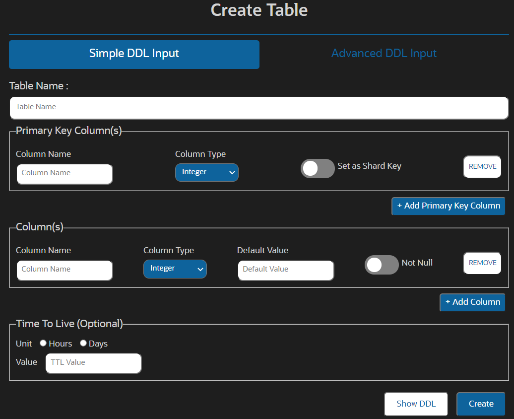 シンプルDDL入力モードを使用したOracle NoSQL Database表の作成