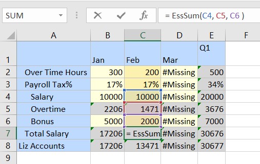 Total Salaryセルにフォーカスを置くと、グリッド内でSalary、OvertimeおよびBonusのセルが強調表示され、それら3つのセルが合計給与の計算に関与していることが示されます。 Total Salaryセルにフォーカスを置くと、グリッド内でSalary、OvertimeおよびBonusのセルが強調表示され、それら3つのセルが合計給与の計算に関与していることが示されます。