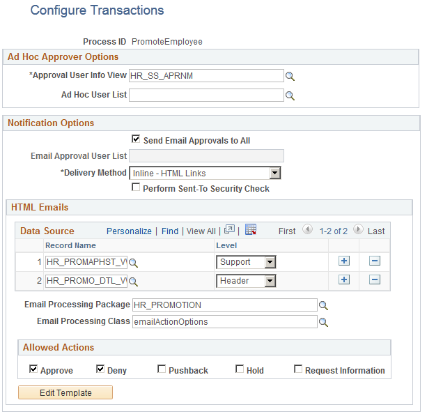 Configure Transactions page (1 of 2) showing the Notification Options section