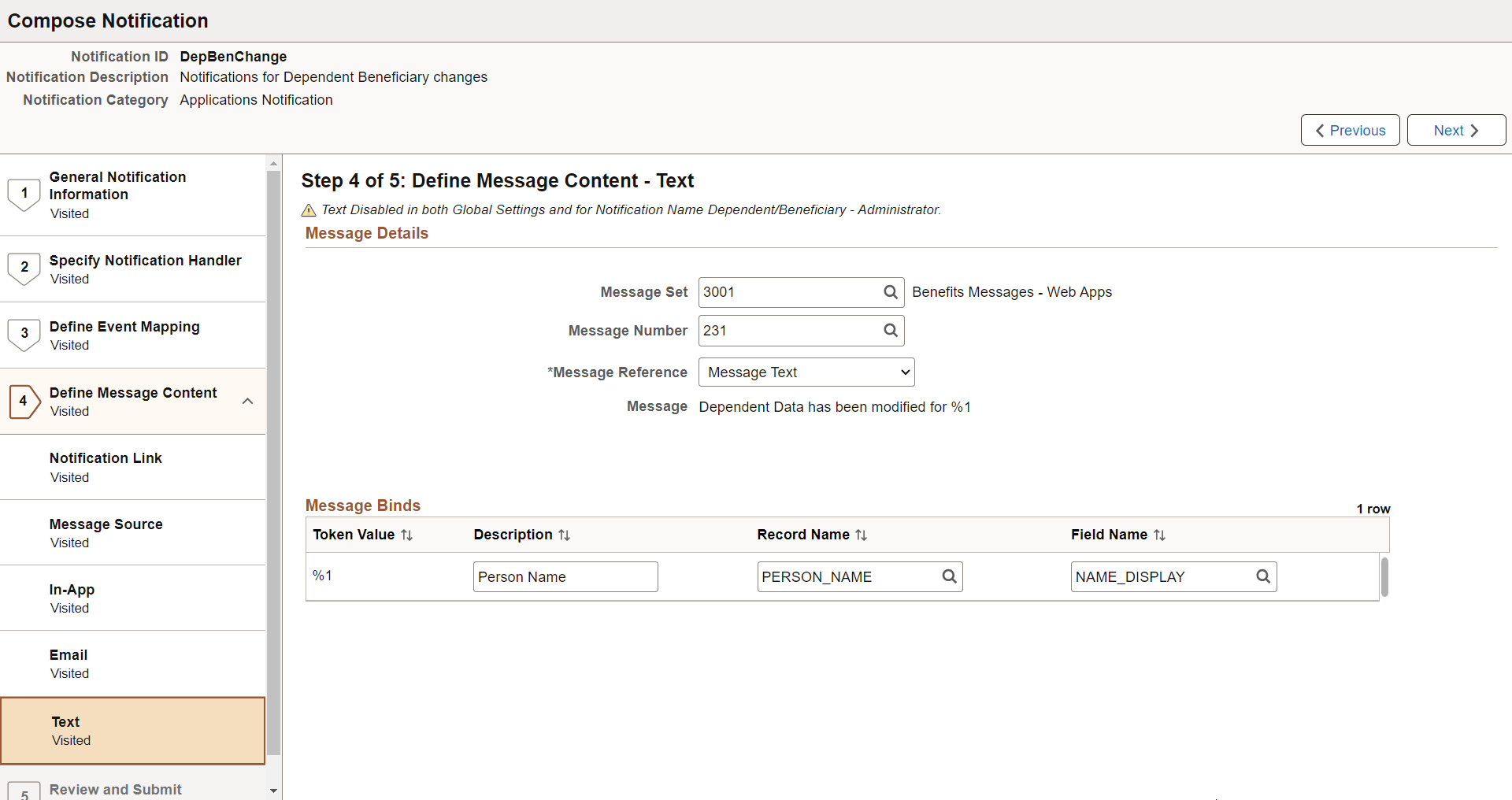 Define Message Content - Text page (with Message Catalog source)