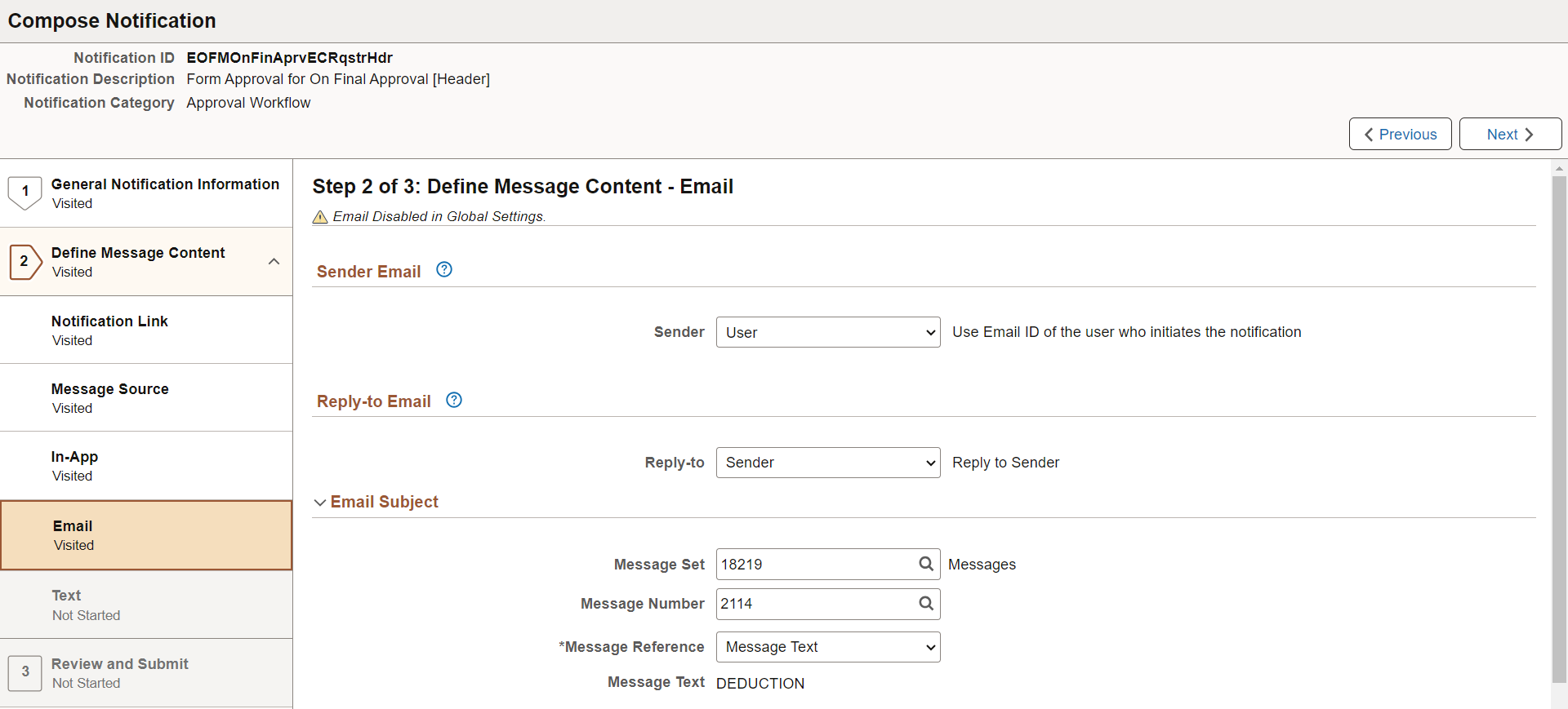 Define Message Content - Email page (with Message Catalog source)