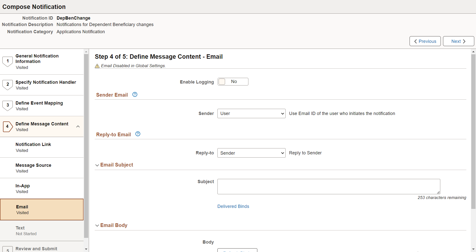 Define Message Content - Email page (with Custom Text source)