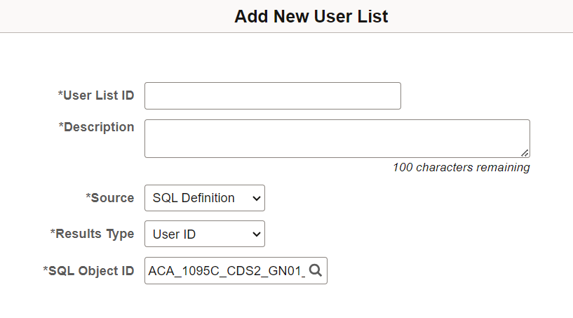 Add New User List page - SQL Definition based