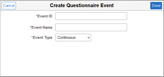 Create Questionnaire Event page