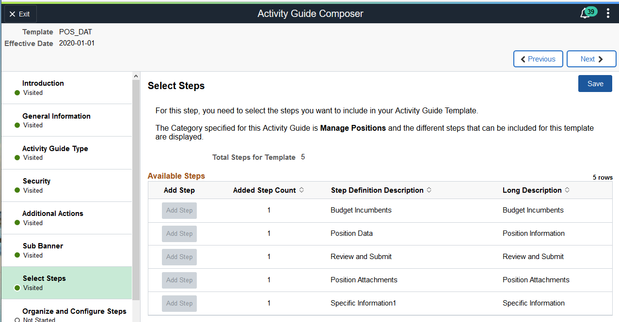 Activity Guide Composer - Select Steps Page for a single component