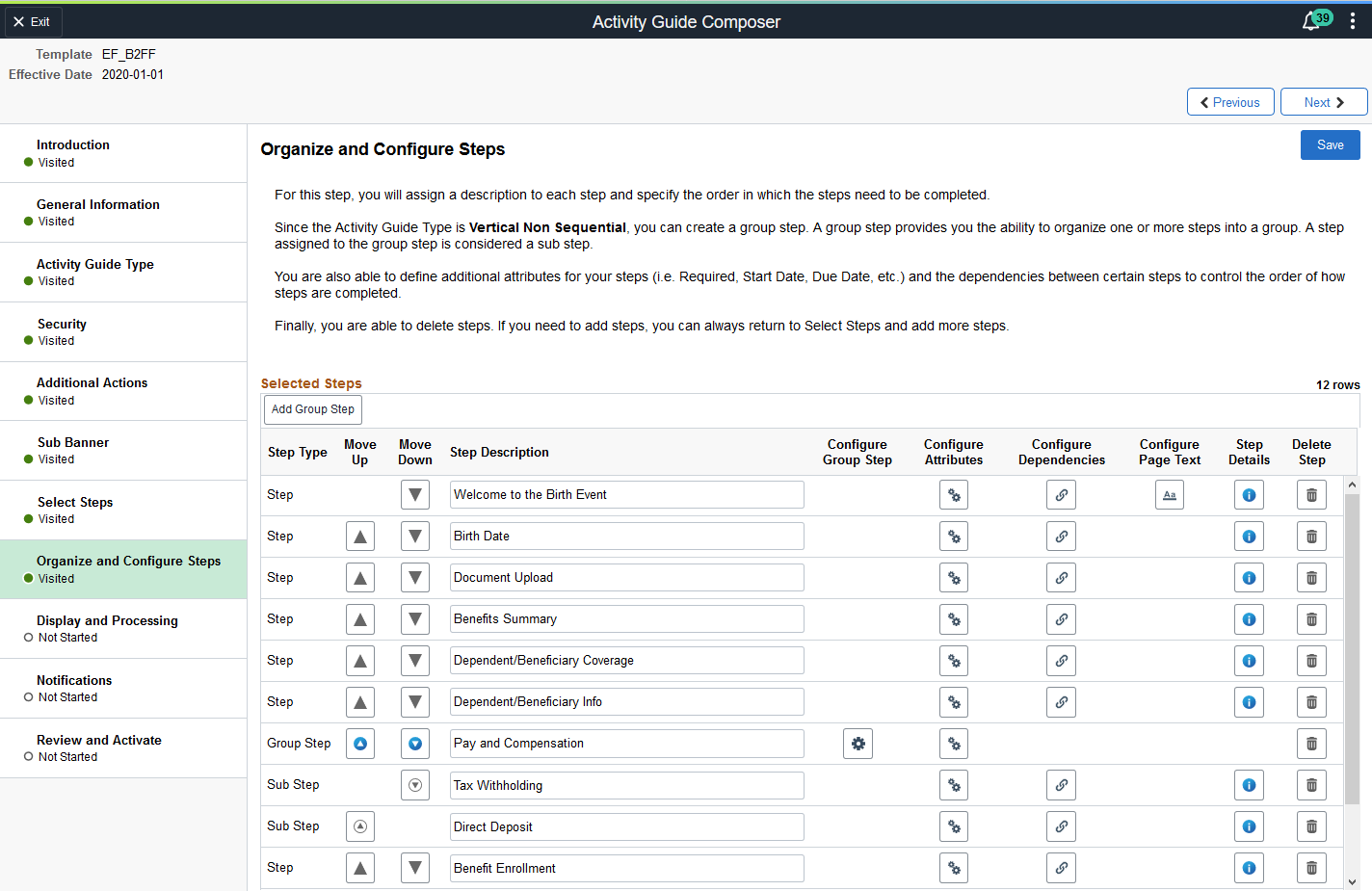 Activity Guide Composer - Organize and Configure Steps Page