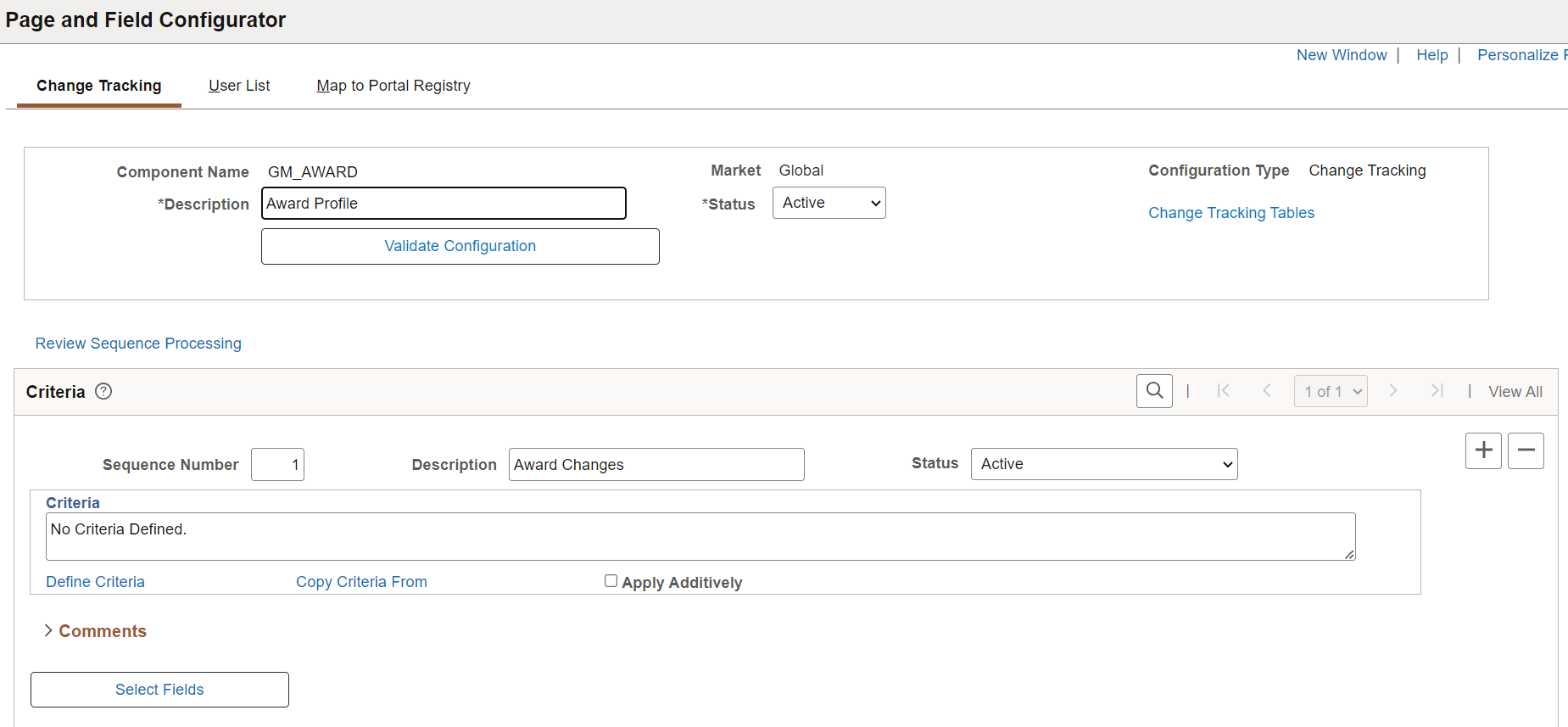 Page and Field Configurator - Change Tracking page (1 of 2)