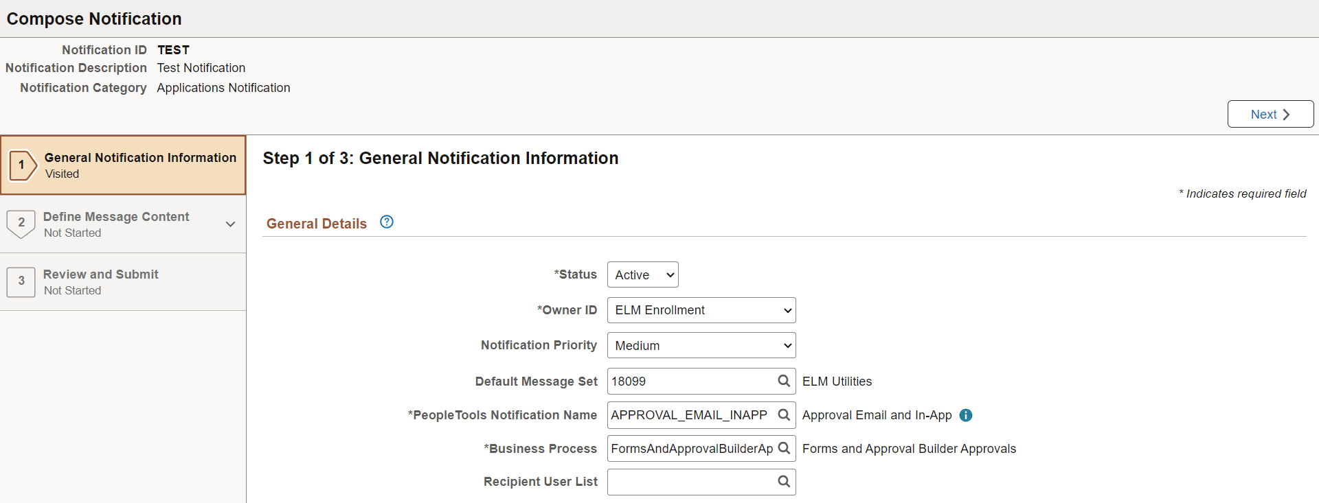 Step 1 of 3, General Notification Information page