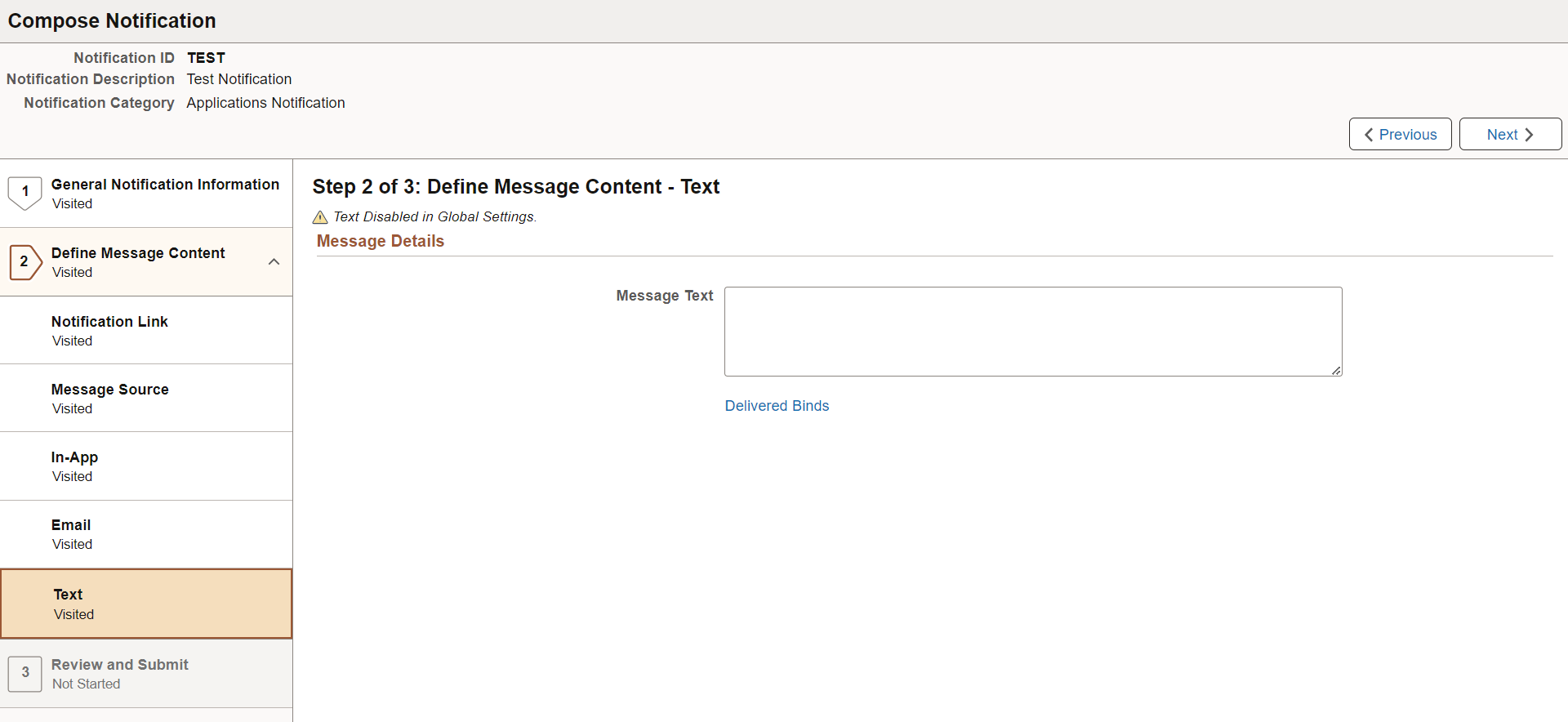 Define Message Content - Text page (with Custom Text source)