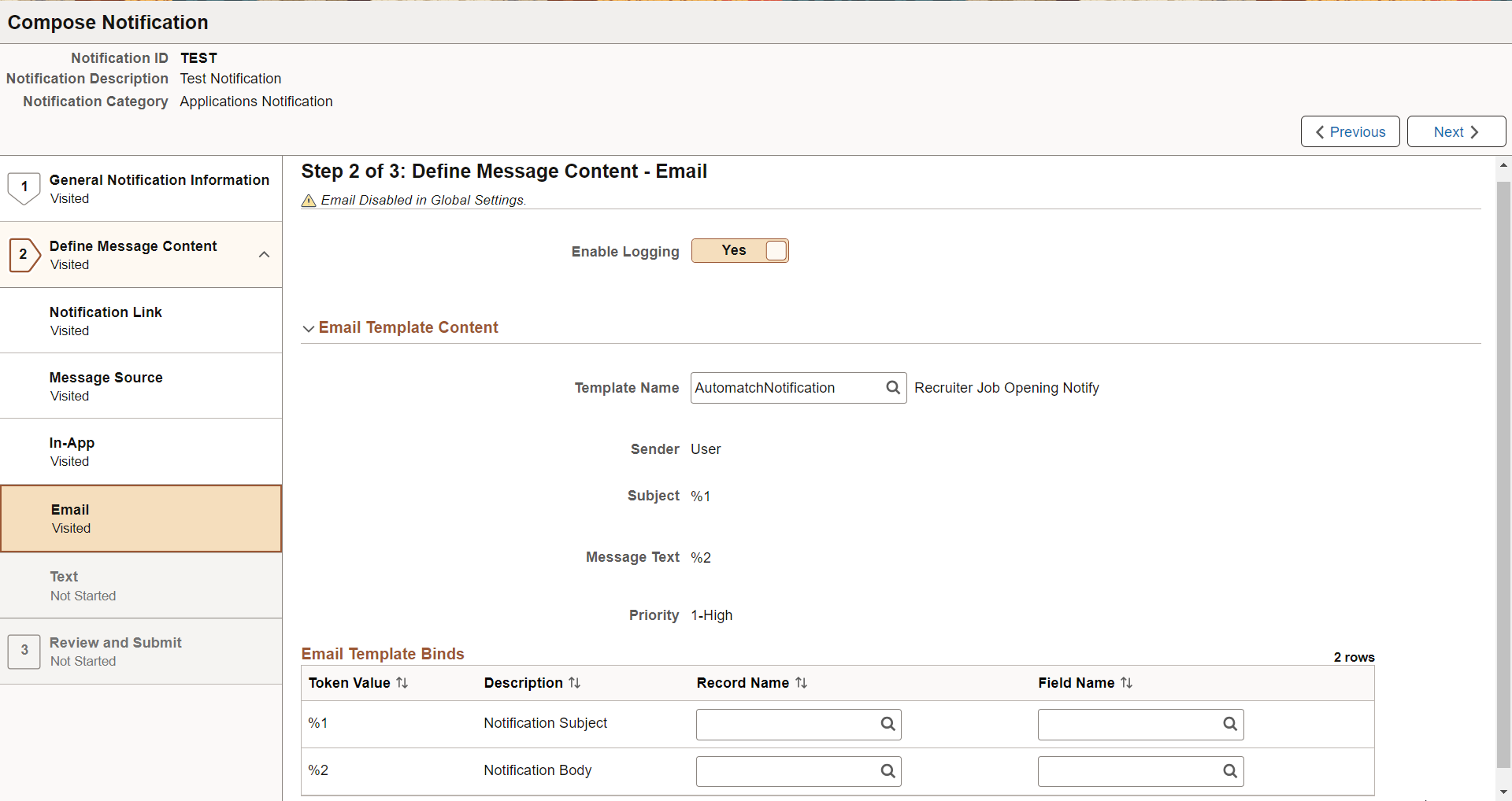 Define Message Content - Email page (with Email Template source)