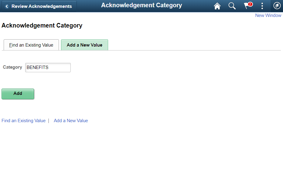 Add Acknowledgement Category page.
