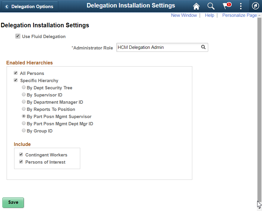 Delegation installation Settings page