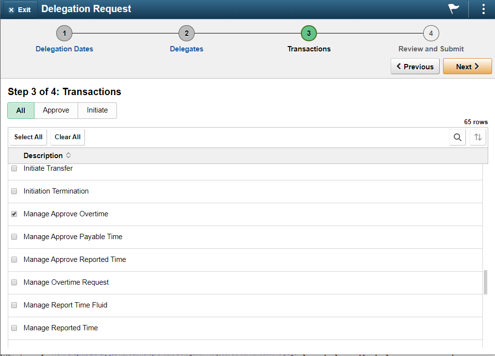 Create Delegation Request Select transactions page