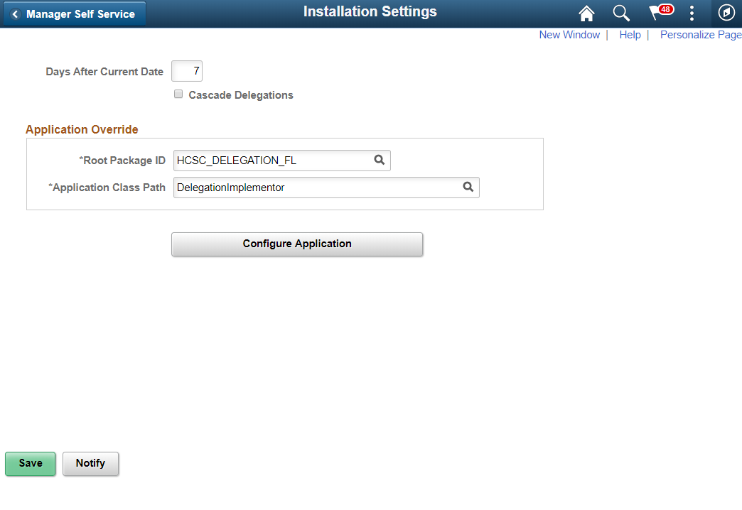 Installation Settings page