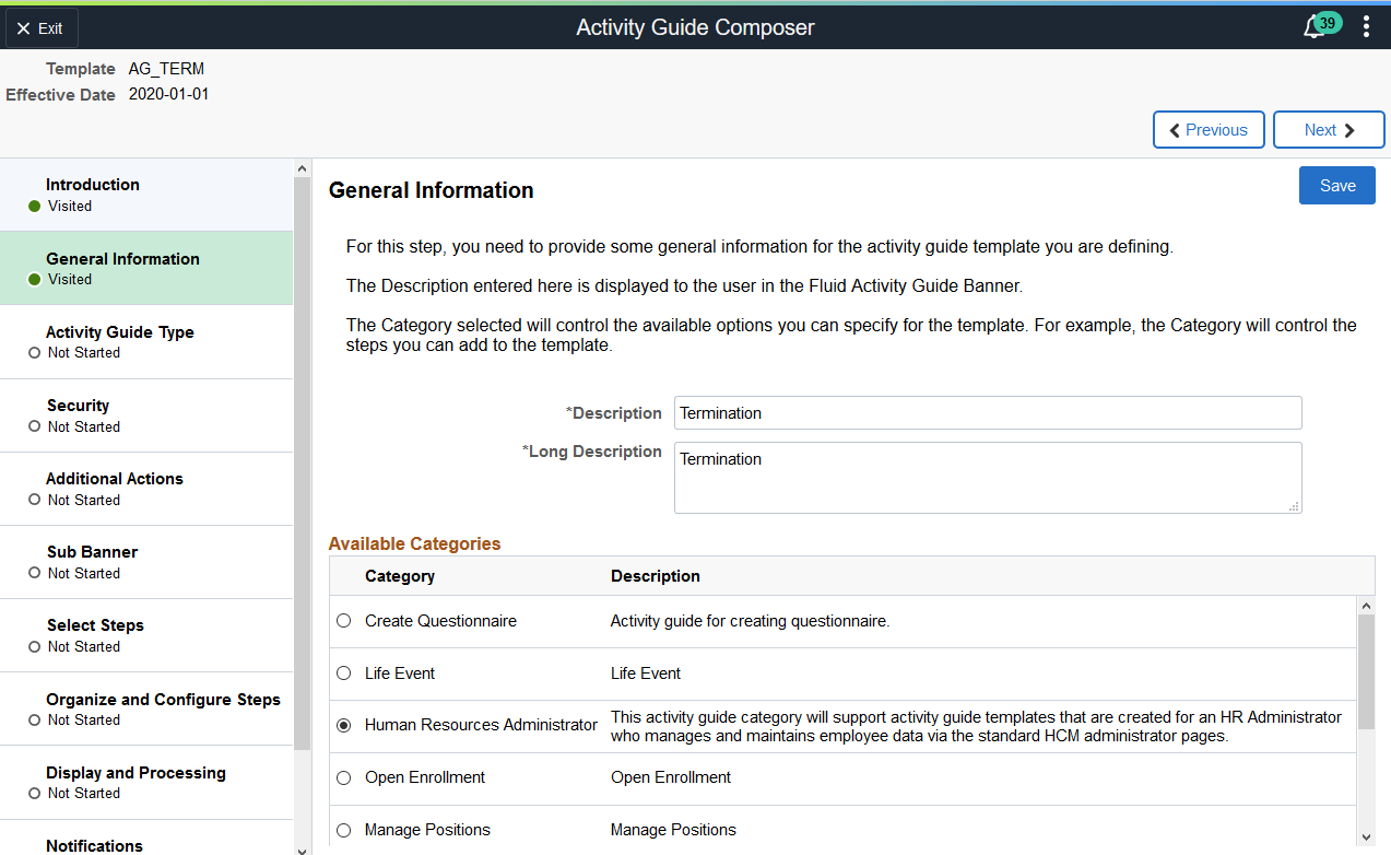 Activity Guide Composer - General Information page for a new template