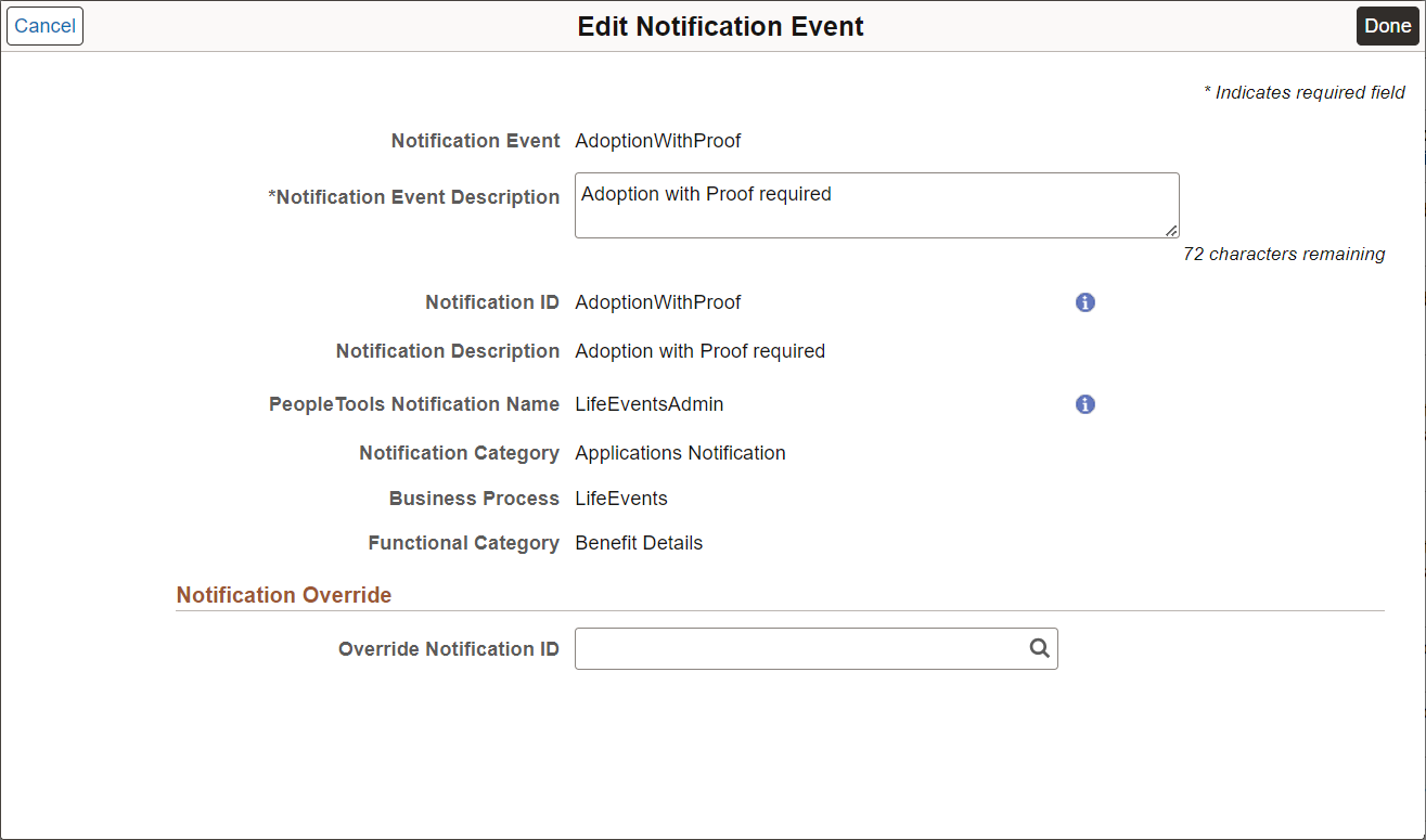 Edit Notification Event page