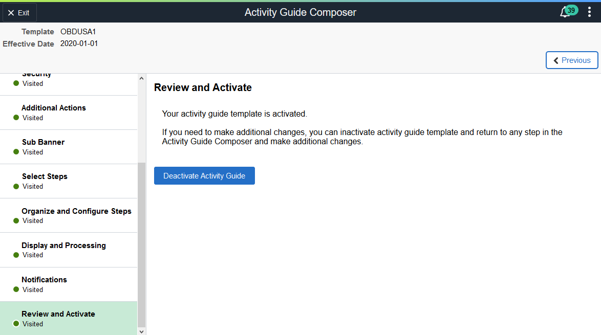 Activity Guide Composer - Review and Activate page