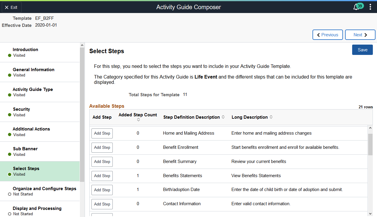 Activity Guide Composer - Select Steps page