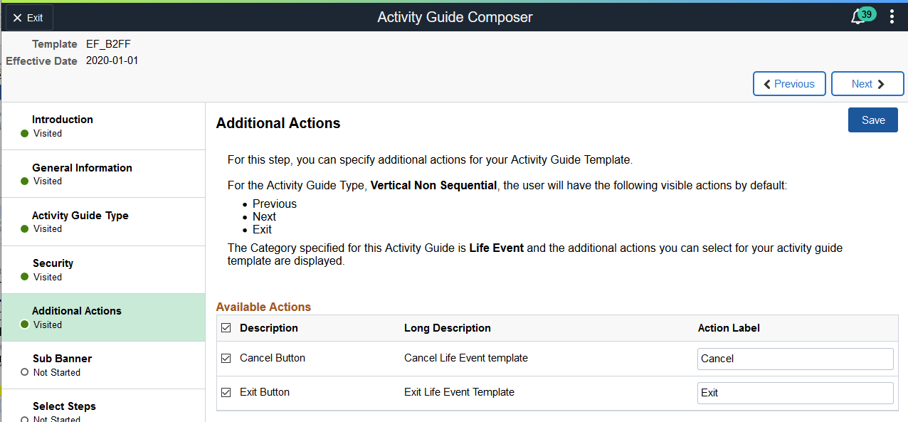 Activity Guide Composer - Additional Actions page