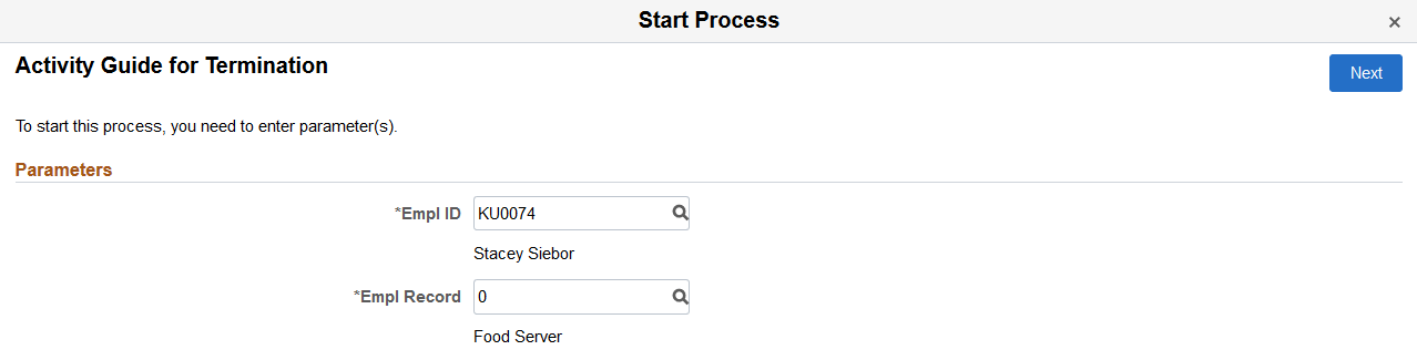 Start Process - Parameters page