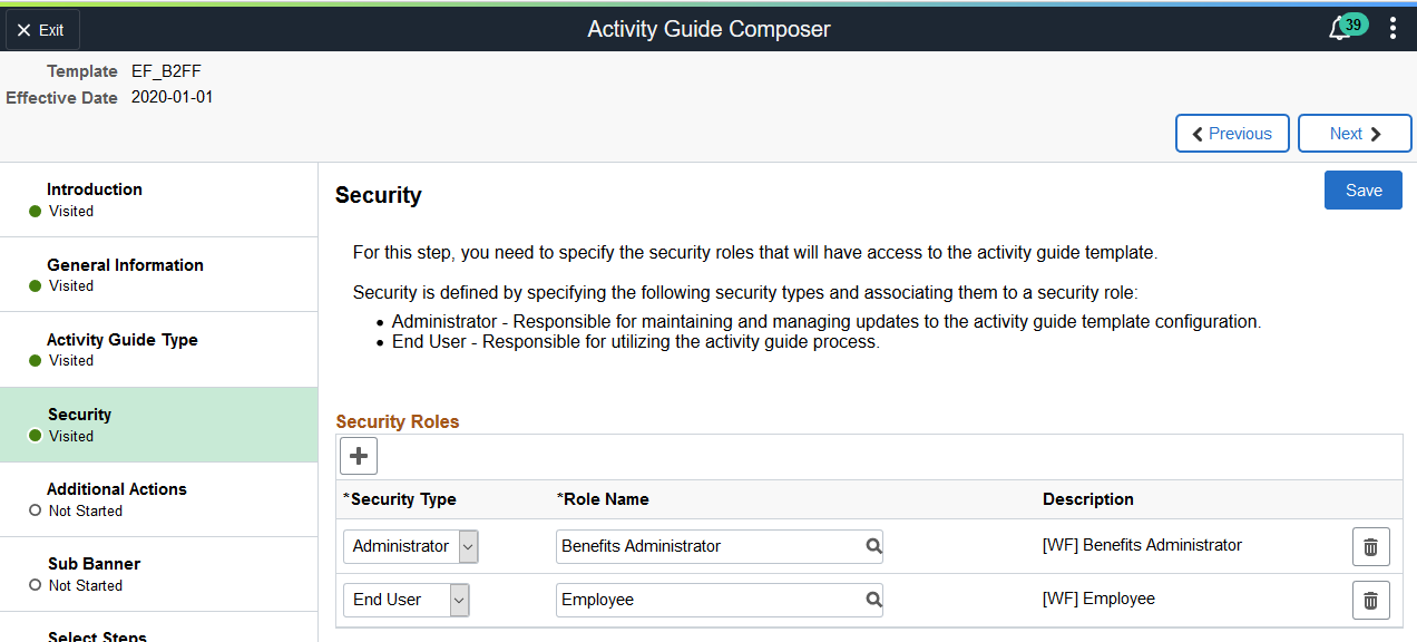 Activity Guide Composer - Security page