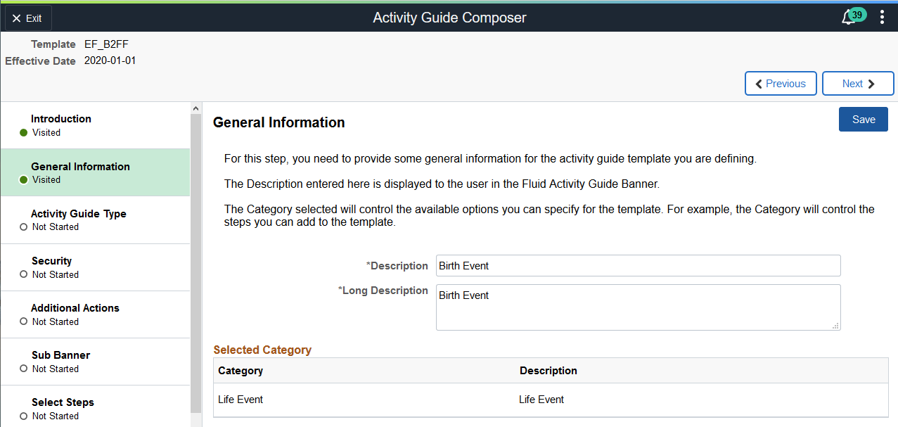 Activity Guide Composer - General Information page for an existing template