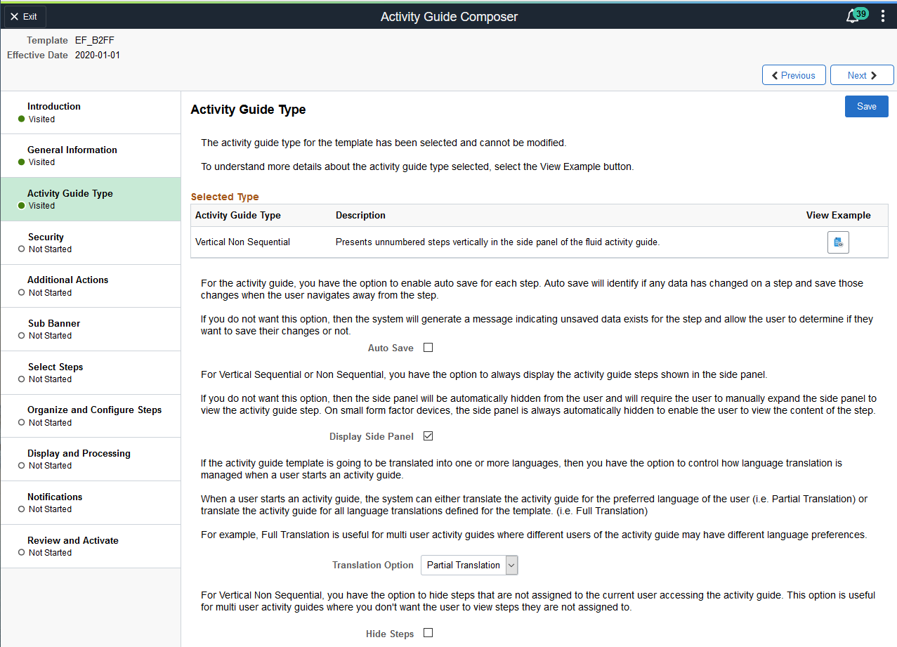 Activity Guide Composer - Activity Guide Type page for an existing template