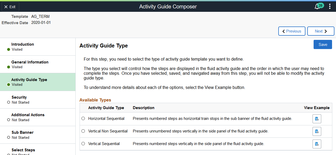 Activity Guide Composer - Activity Guide Type page for a new template
