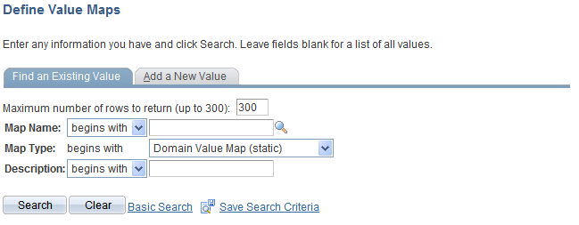 Define Value Maps search page: Add a New Value tab