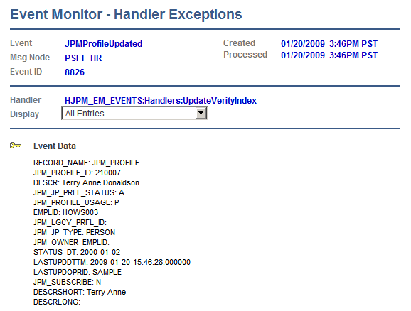 Event Monitor - Handler Exceptions page