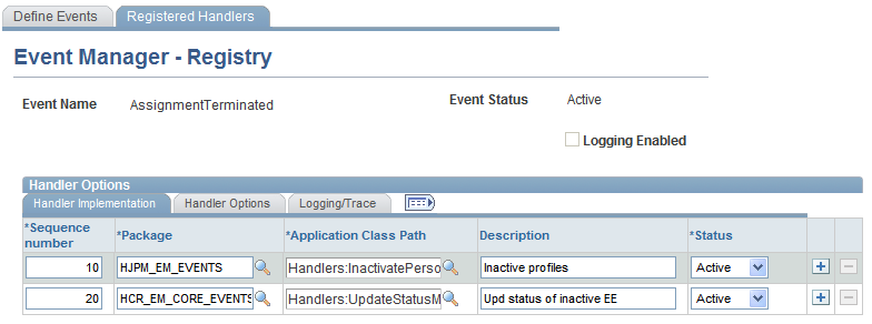 Registered Handlers page, Handler Implementation tab