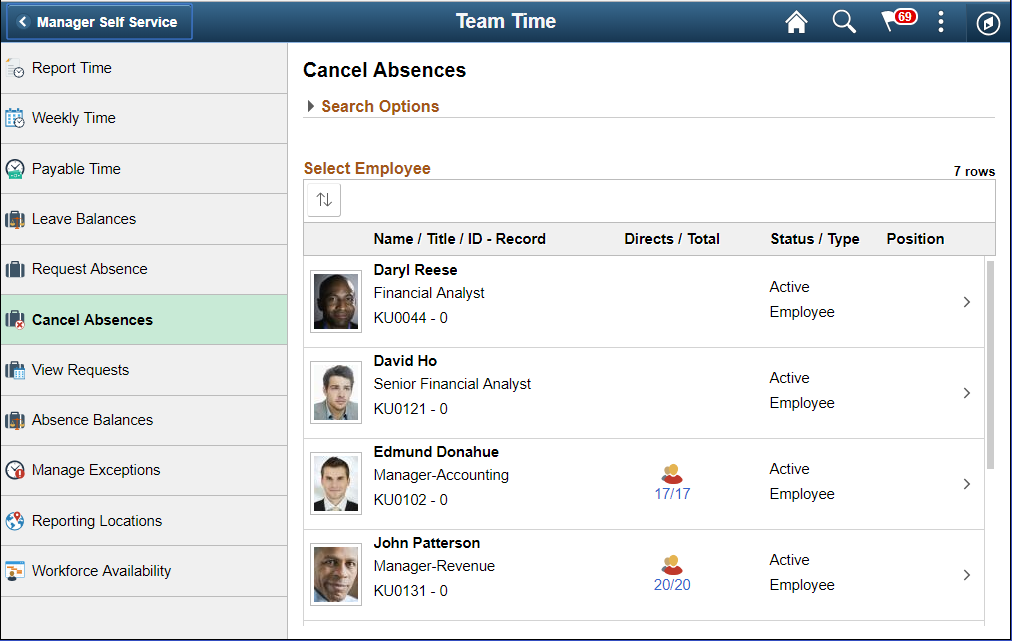 Cancel Absences (Select Employee) page
