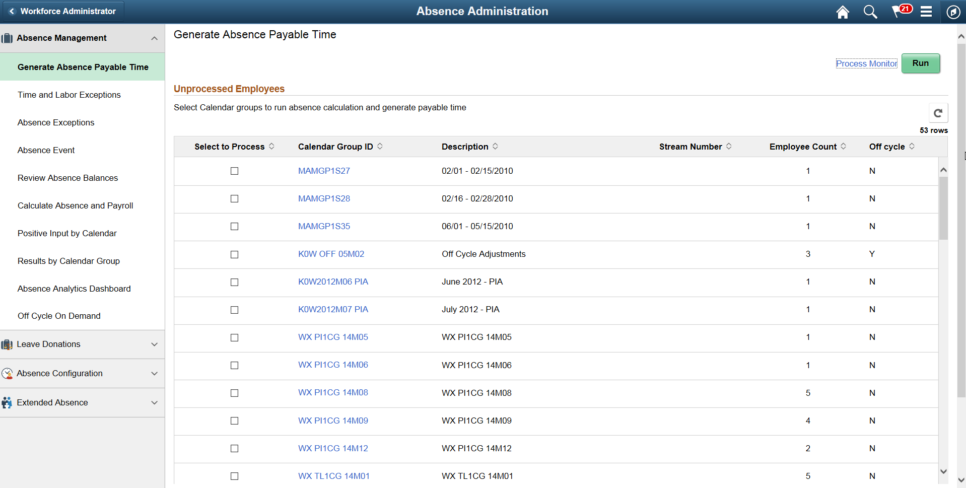 Absence Administration application start page
