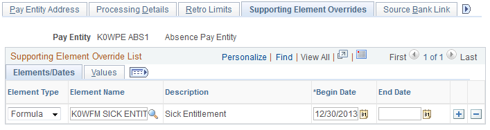 Pay Entities - Supporting Element Overrides page