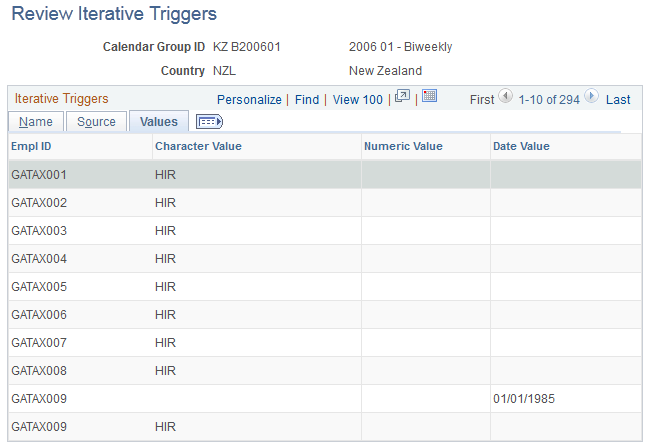 Review Iterative Triggers page - Values tab